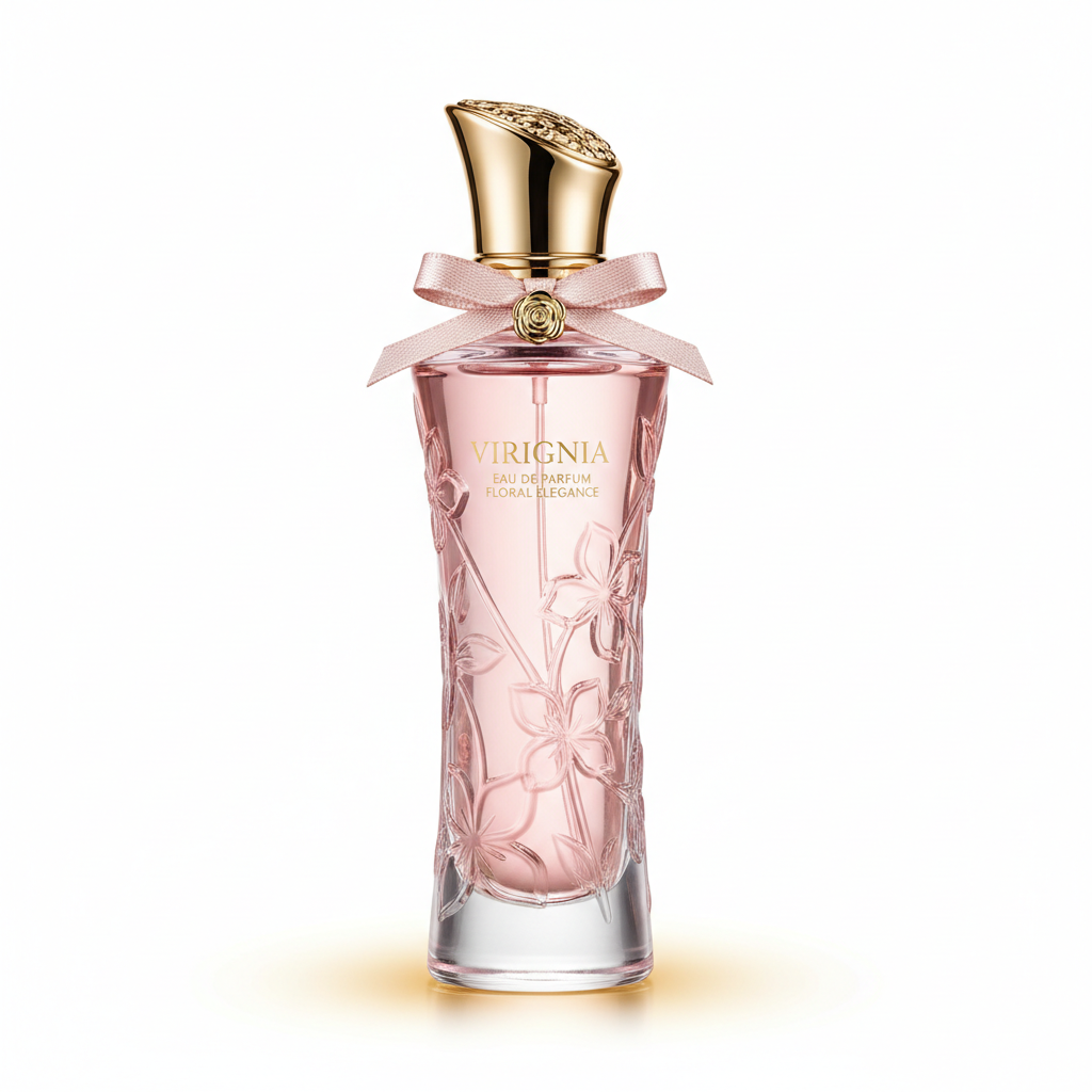Perfume Virgínia frasco rosa e dourado